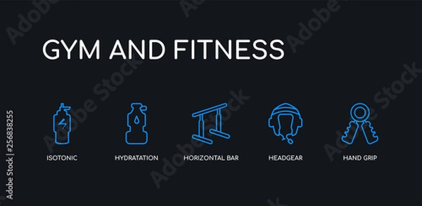 Obraz 5 outline stroke blue hand grip, headgear, horizontal bar, hydratation, isotonic icons from gym and fitness collection on black background. line editable linear thin icons.