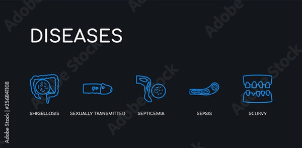 Fototapeta 5 outline stroke blue scurvy, sepsis, septicemia, sexually transmitted diseases, shigellosis icons from diseases collection on black background. line editable linear thin icons.
