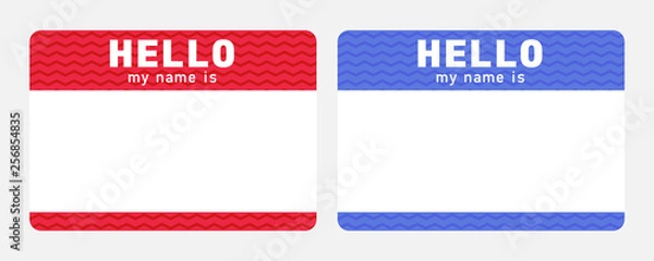 Fototapeta Hello my name is - sticker. Red and blue nametag. Dating and meeting ice breaker label.