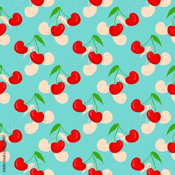 Fototapeta Fruit pattern with cherry vector on a turquoise background. .