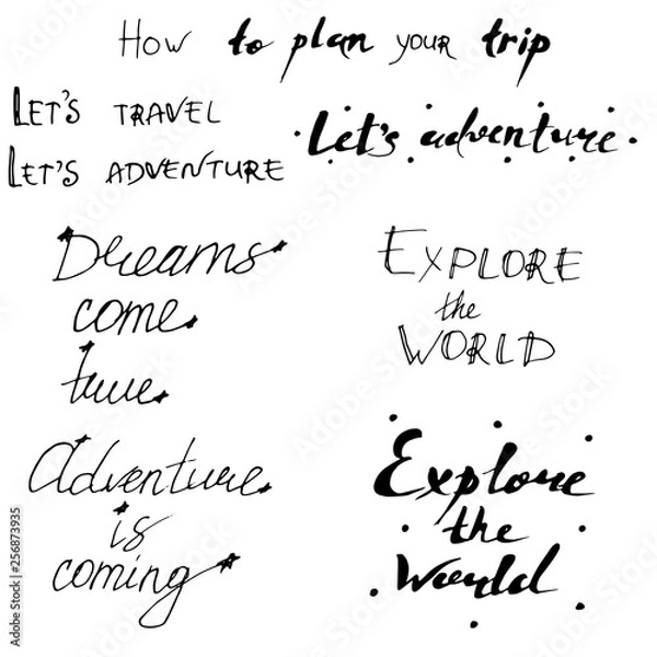 Obraz Hand drawn summer vector lettering. Print, poster, t-shirt and other clothes, greeting card template collection. Illustrated inspirational quotes collection for journeys.