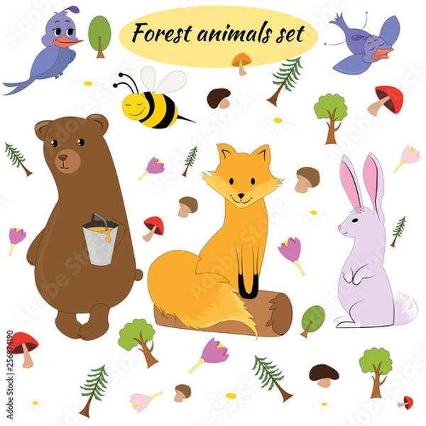 Obraz Vector collection of forest animals and birds in trendy cartoon style. Collection of bear, bee, fox, bunny, and birds, isolated on white. Vector illustration. Cartoon animals collection.
