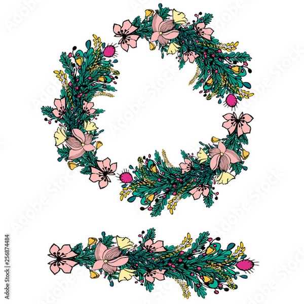 Obraz Floral wreath on white background. Bright colorful summer flowers. Vector floral frame template. Cute flowers arranged in the shape of a wreath is perfect for invitations and greeting cards.