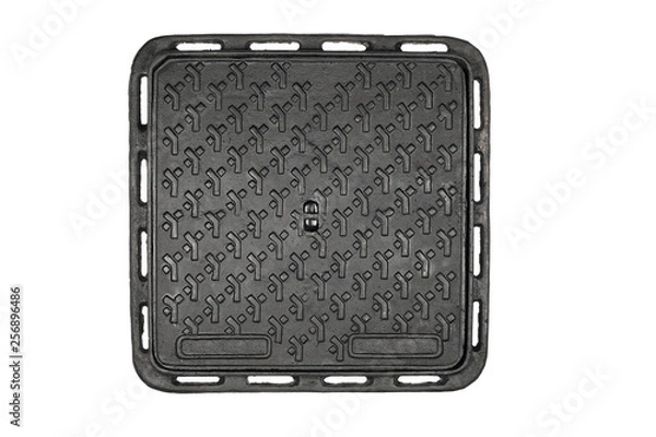 Obraz Top View Of Square Iron Manhole Cover Isolated On White Background