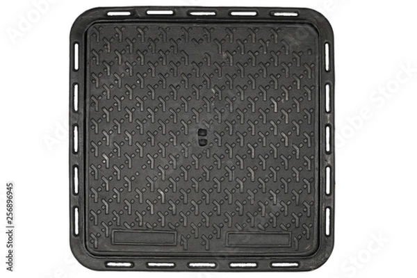 Obraz Top View Of Square Iron Manhole Cover Isolated On White Background