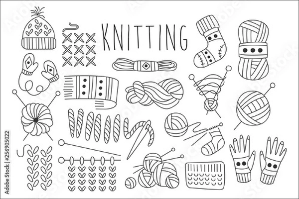 Fototapeta Hand drawn vector set of icons for knitting related theme. Yarn, stitch, needles, knitted clothing. Graphic elements for logo for hand made things