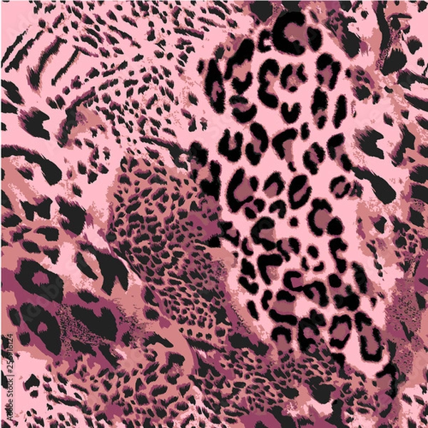 Obraz Living coral the color of 2019 on jaguar skin print. Animal skin pattern. Trend color and print. Vector leopard print