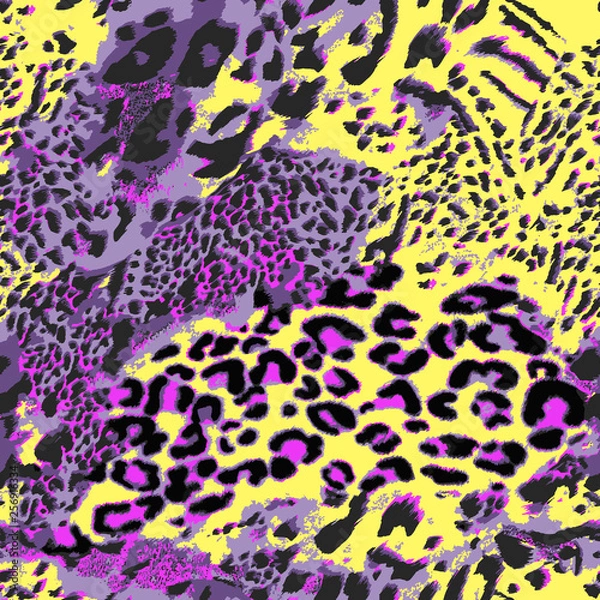 Obraz Seamless vector leopard wild safari skin print. Mix of Tiger skin, jaguar skin, leopard print. Neon bright colors. Glitch pattern. Retro pattern.