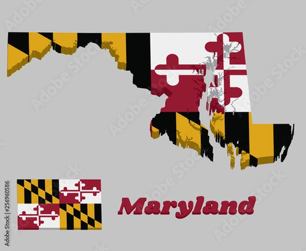 Fototapeta 3D Map outline and flag of Maryland, Heraldic banner of George Calvert, 1st Baron Baltimore.