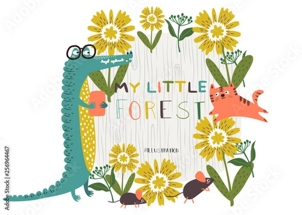 Obraz Cute Animals Crocodile and Tiger happy in Garden pattern. Vector illustration.