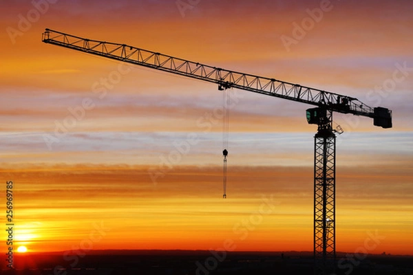 Fototapeta The silhouette of crane on the background of beautiful scarlet sunrise or sunset with cloudy sky colored in red, rose, scarlet, purple and blue vivid colores 
