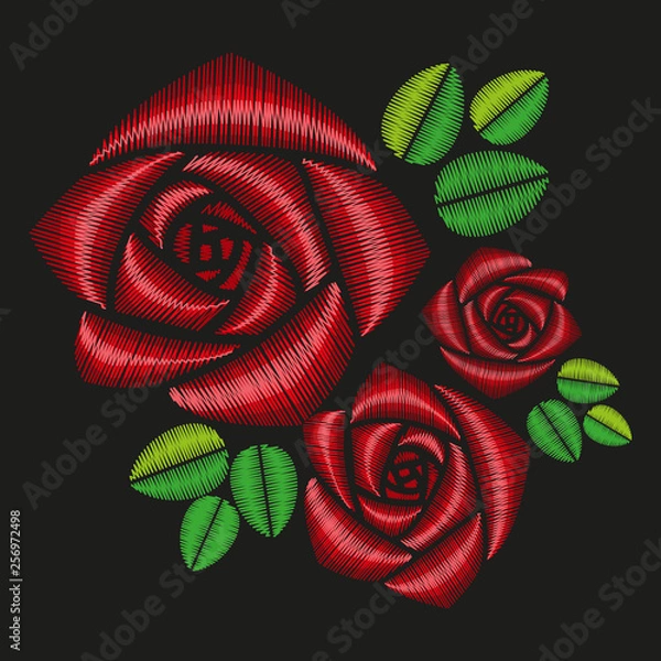 Obraz Embroidered floral applique. Bouquet of red roses on black background.  Vector illustration.