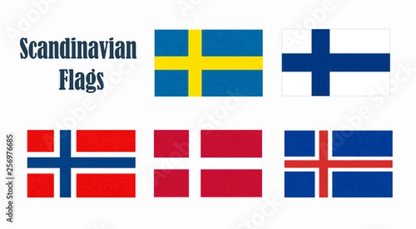 Fototapeta Flags of Scandinavia. Scandinavian northern states. Isolated  button with scratched texture, grunge. Illustration with marble textured background. Nordic countries banners icons.
