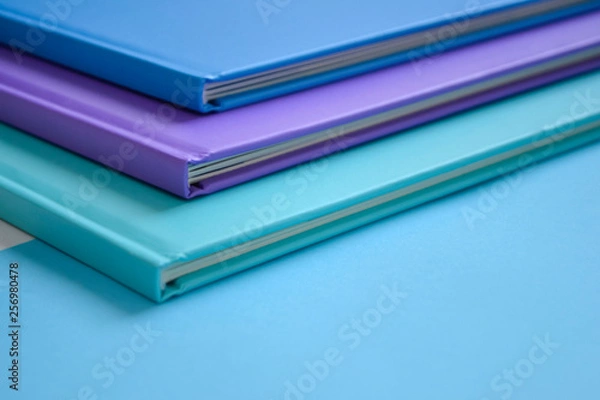 Fototapeta stack of multicolored books on a neutral background