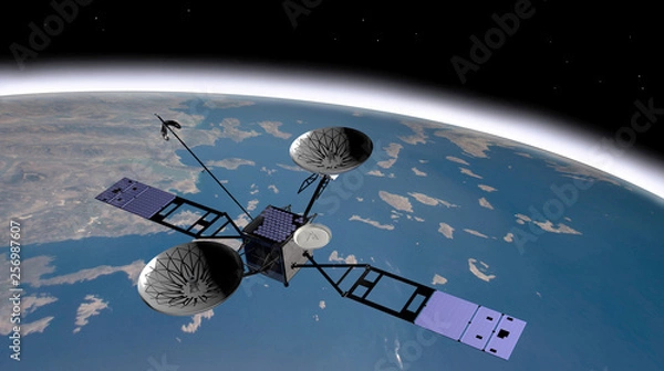 Fototapeta Satellite TDRS (Tracking and Data Relay Satellite) utilizzato dalla NASA per comunicare con altri satelliti e con la Stazione Spaziale Internazionale, 3D rendering