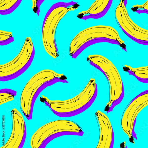 Fototapeta Seamless pop art banana pattern randomly distributed on color background.