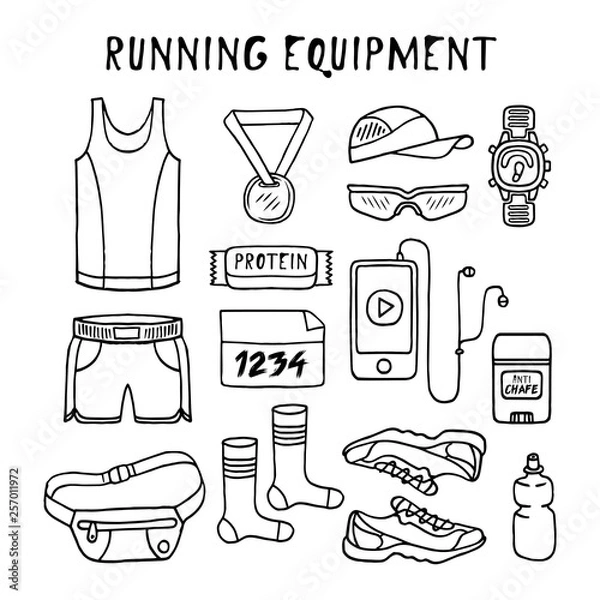 Obraz Running equipment in doodle style. Vector