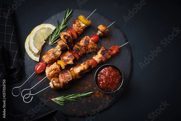 Obraz Shish kebab with mushrooms, cherry tomato and sweet pepper, Grilled meat skewers