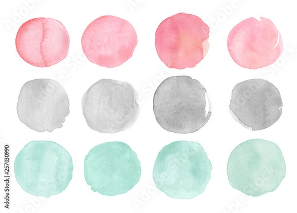 Fototapeta Watercolor abstract circle shapes isolated on white background. Painted round splashes, dots, splatters, background blobs. Hand drawn painted design elements in pink, mint and gray.