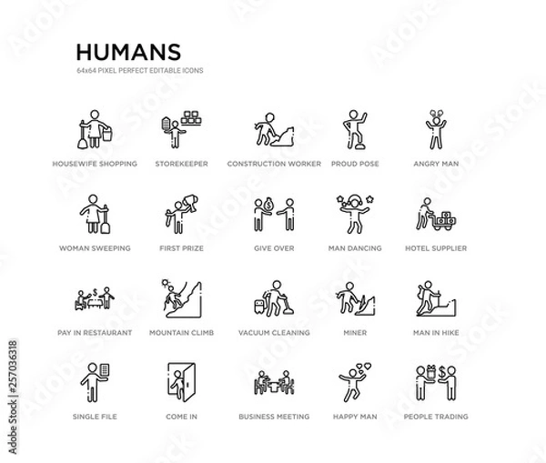 Fototapeta set of 20 line icons such as vacuum cleaning, mountain climb, pay in restaurant, man dancing, give over, first prize, woman sweeping, proud pose, construction worker, storekeeper. humans outline