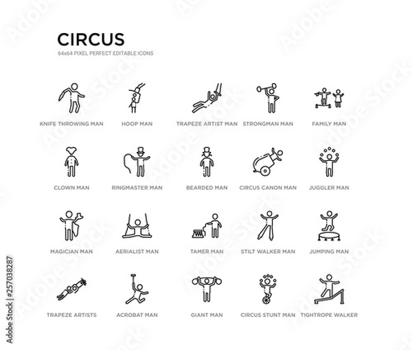 Fototapeta set of 20 line icons such as tamer man, aerialist man, magician man, circus canon bearded ringmaster clown strongman trapeze artist hoop circus outline thin icons collection. editable 64x64 stroke