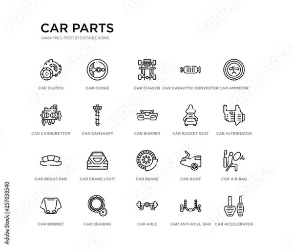 Obraz set of 20 line icons such as car brake, car brake light, car brake pad, bucket seat, bumper, camshaft, carburettor, catalytic converter, chassis, choke. parts outline thin icons collection. editable