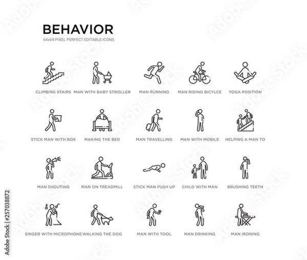 Obraz set of 20 line icons such as stick man push up, man on treadmill, man shouting, with mobile phone, travelling, making the bed, stick with box, riding bicylce, running, with baby stroller. behavior