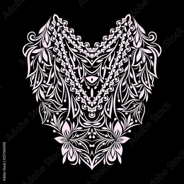 Fototapeta Neckline ethnic design. Floral black and white lace pattern. Vector print with decorative elements  for embroidery, for women's clothing.