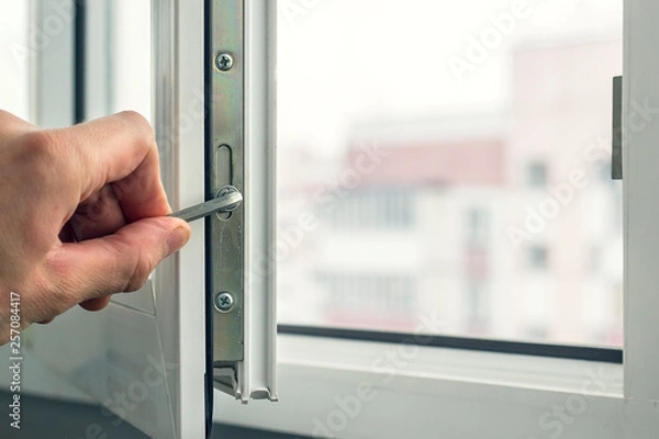 Obraz Workman adjusts the operation of the plastic window.
