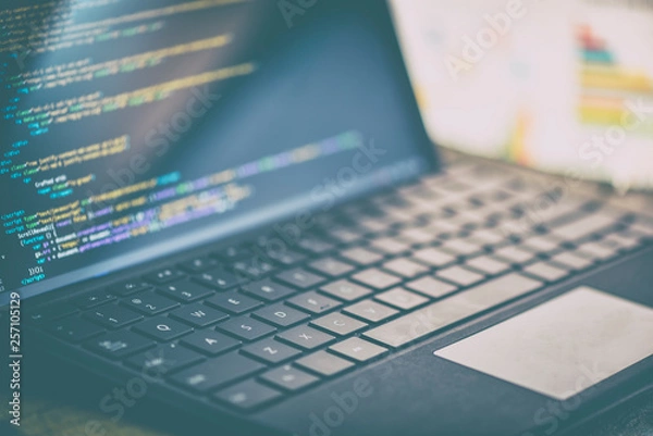 Fototapeta Closeup coding on screen,  coding html and programming on screen laptop, web development, developer