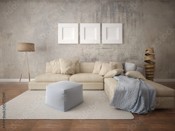 Fototapeta Mock up a perfect living room with a large corner sofa and a perfect hipster backdrop.