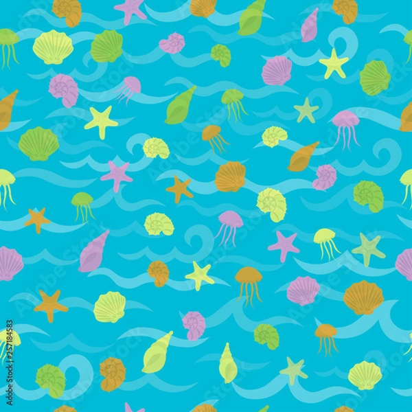 Fototapeta Seamless sea pattern in nautical-inspired design. Sea background with seashells, starfishes and jellyfishes. Blue ocean water wave. Vector seamless pattern with marine life.