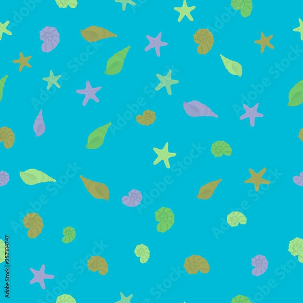 Fototapeta Seamless sea pattern in nautical-inspired design. Sea background with seashells, starfishes and jellyfishes. Blue ocean water wave. Vector seamless pattern with marine life.