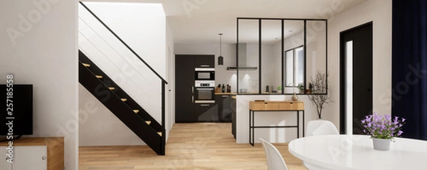 Fototapeta vue 3d  panoramique cuisine avec verrière  20-04