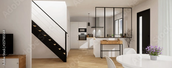 Fototapeta vue 3d  panoramique cuisine avec verrière 20-03