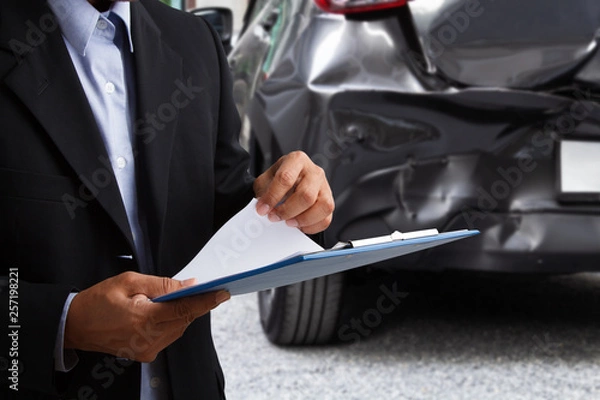 Fototapeta Insurance officer writing on clipboard while insurance agent examining car after acciden