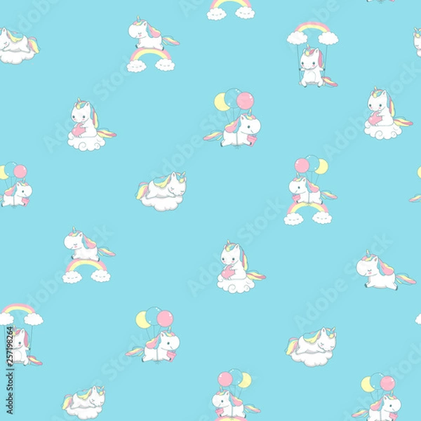 Fototapeta Unicorn Rainbow Seamless Pattern Print Decor for Kid Fairy Room Wall. Happy Fun Pony Fly on Balloon Abstract Element. Magic Holiday Fairytale Design for Child Flat Cartoon Vector Illustration.