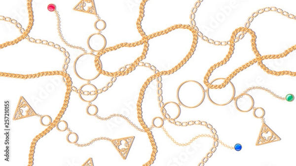 Fototapeta Vector seamless pattern with golden chains, pendants and large golden rings of bracelets on a light background. Luxurious illustrations for printing on textiles, fashionable dresses, scarves.