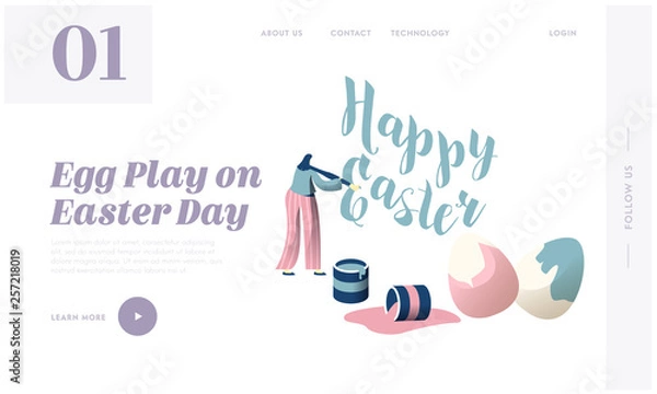 Fototapeta Happy Easter Traditional Religious Spring Holiday Concept Landing Page. Female Character Decorate Wall with Brush, Painting Egg Colorful Website or Web Page. Flat Cartoon Vector Illustration