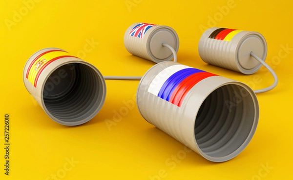 Fototapeta 3d Tin can phones with flags connected by string