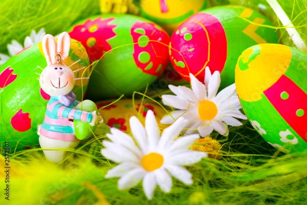 Obraz easter bunny and colorful painted eggs
