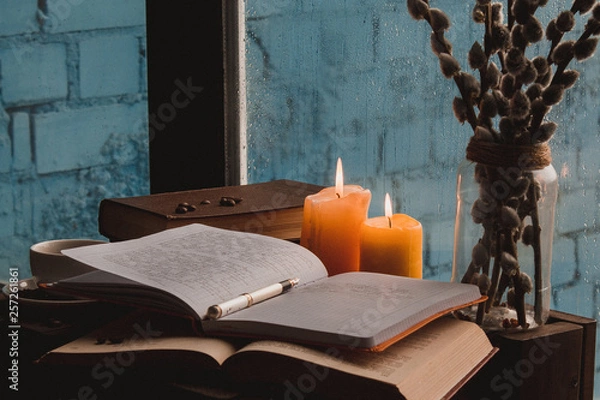 Obraz  books coffee candles on the table