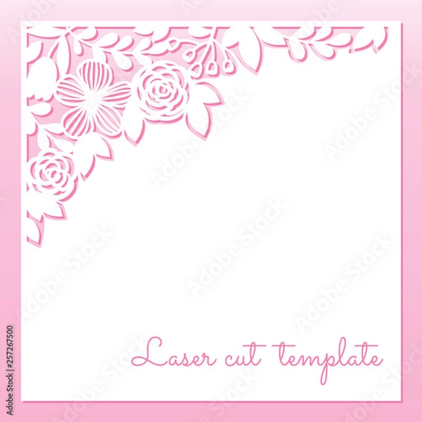 Fototapeta Lace greeting card with flowers and space for text. Laser cutting template.