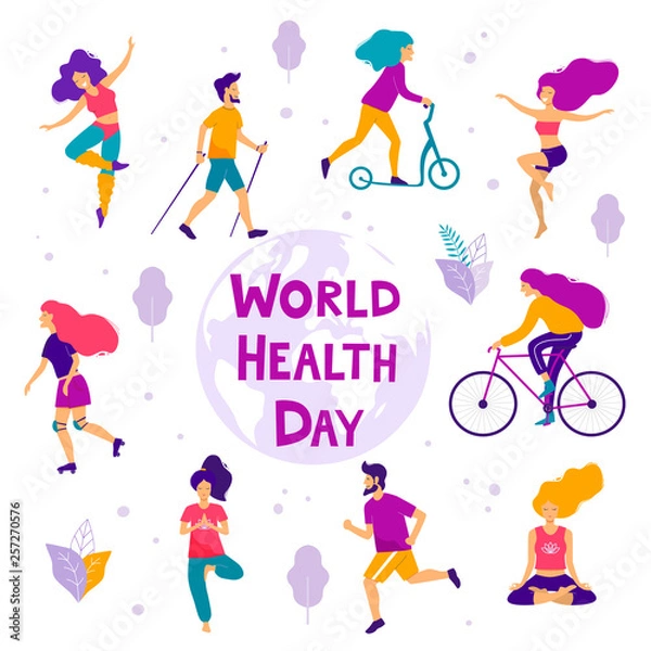 Fototapeta World health day vector illustration. Healthy lifestyle concept. Different physical activities.