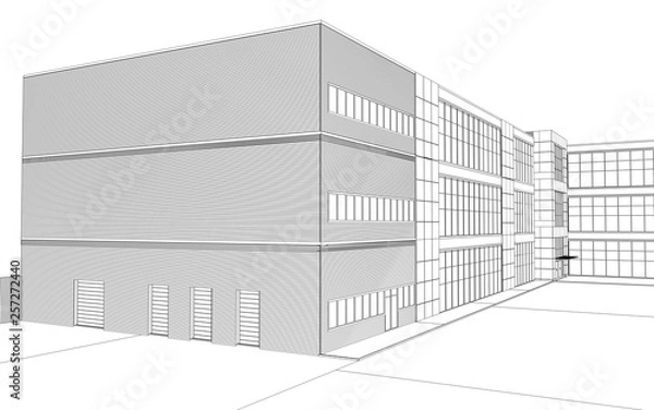 Fototapeta 3d render exterior mall, contour visualization, 3D illustration, sketch, outline