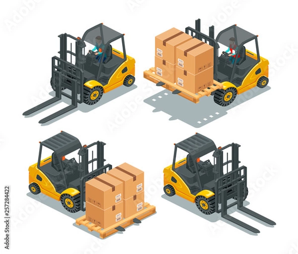 Fototapeta Isometric image of forklift truck with a woman driver and pallet with boxes. Front view. 3d effect vector illustration isolated on white background. Set.