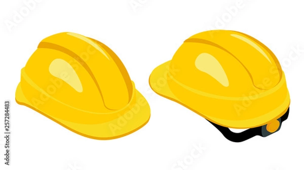 Fototapeta Isometric work safety helmet. Yellow hard hat. Rear and front view. Skullgard helmet isolated on white background. Protective work equipment. Vector illustration.