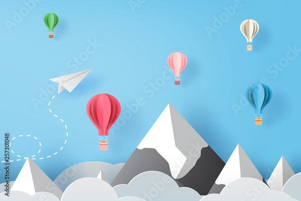 Fototapeta 3D Paper art and craft of white paper airplanes flying and balloons on blue sky and clouds, Creative design paper cut airplanes for business success concept idea,pastel color,Vector illustration