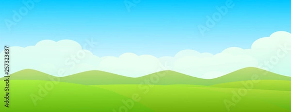 Fototapeta Beautiful green landscape with green meadow, mountain and blue sky