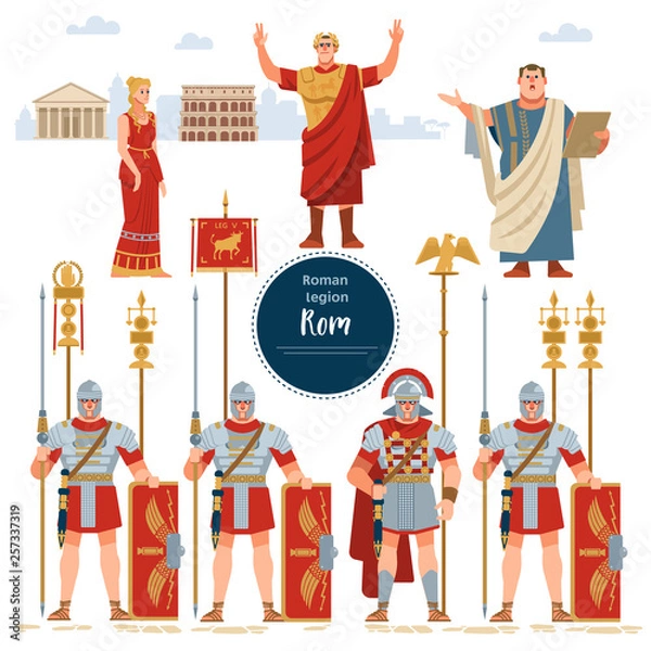 Fototapeta Set in ancient Rome illustration historic army infantrymen in full armor with shields.